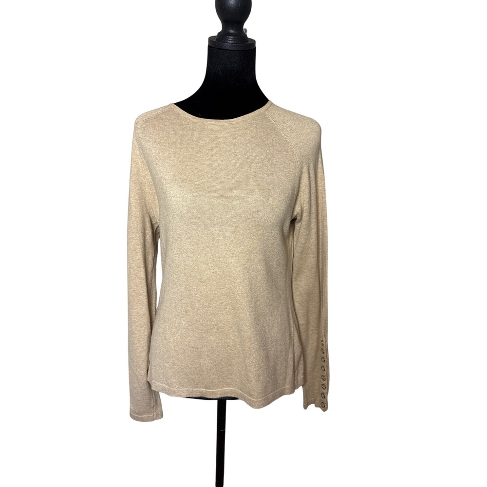 J.McLaughlin Tan Beige Jamey Crew Neck Button Trim Raglan Sleeve Sweater Small